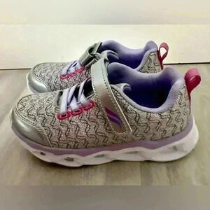 Kids Light Up Sneakers Glitter Silver Purple Hook and Loop Athletic Shoes sz 12